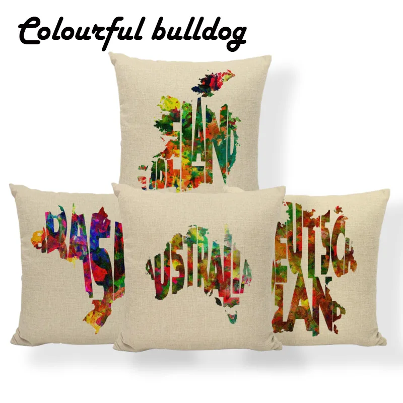

World Map Cushion Case Italy Australia Brazil Pillow Case Cover Colorful Word Retro Settee Decorations Dakimakura 43Cm Polyester