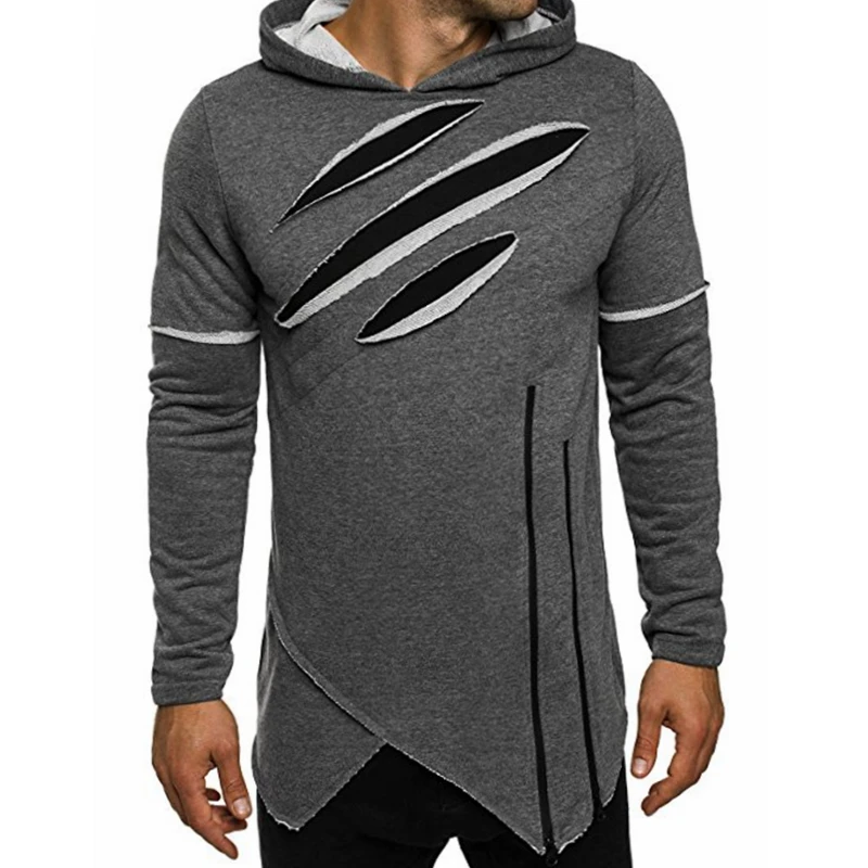 Irregular Long Hem Mens Hoodies Claw Marks Zipper Sweatshirts Scratch