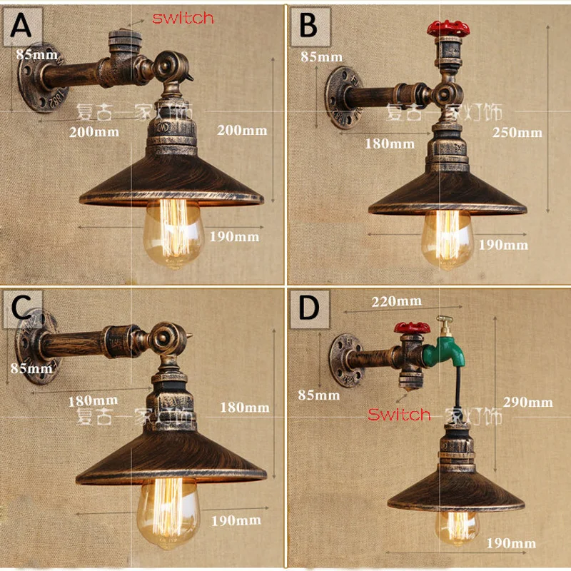 

Vintage Loft wall lights Iron Steampunk Water pipe wall lamp with switch e27 sconce light for living room bedroom restaurant bar