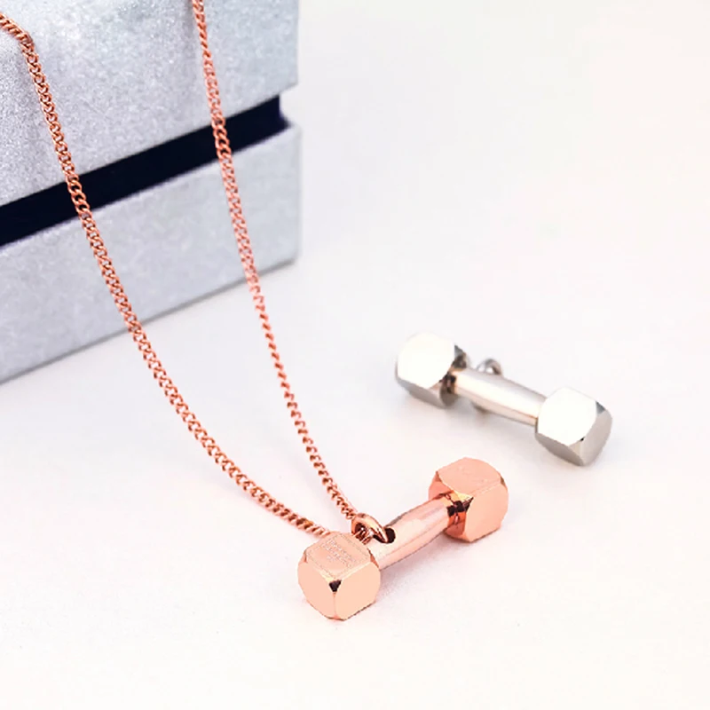 

18KGP Rose Gold Silver Color Titanium Steel Dumbbell Pendant Necklace 316L Stainless Steel Sporty Jewelry for Women Men (GN204)