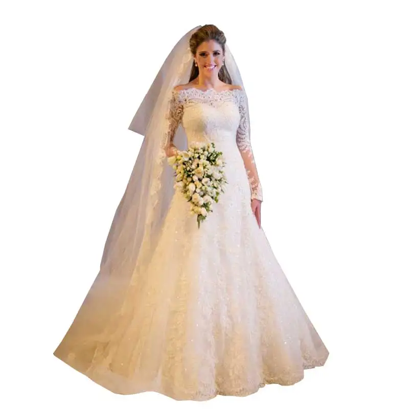 2016 Pas Cher Manches Longues En Dentelle Perlée A,ligne Robes De Mariée Made In
