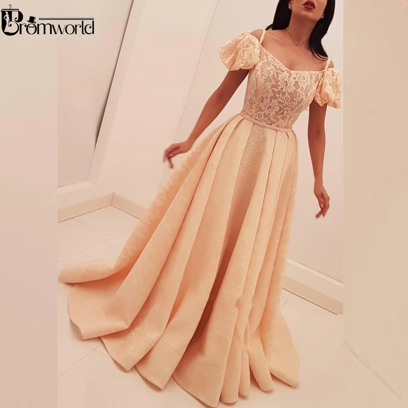 

Champagne Muslim Evening Dresses 2021 A-Line Cap Sleeve Lace Formal Dress Islamic Dubai Saudi Arabic Long Evening Gown