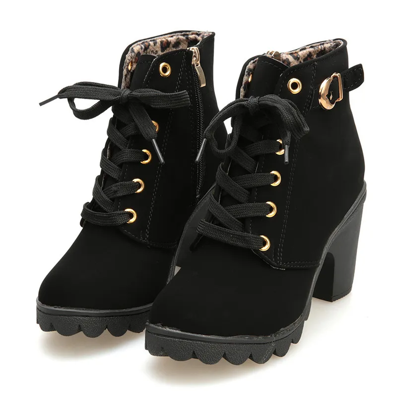 

Plus Size Ankle Boots Women Platform High Heels Lace Up Buckle Strap Shoes Thick Heel Short Boot Ladies Zipper Footwear #40B