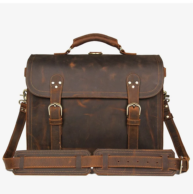 New  Genuine Leather Men Handbag Vintage Crazy Horse Leather Messenger Bag 15.6