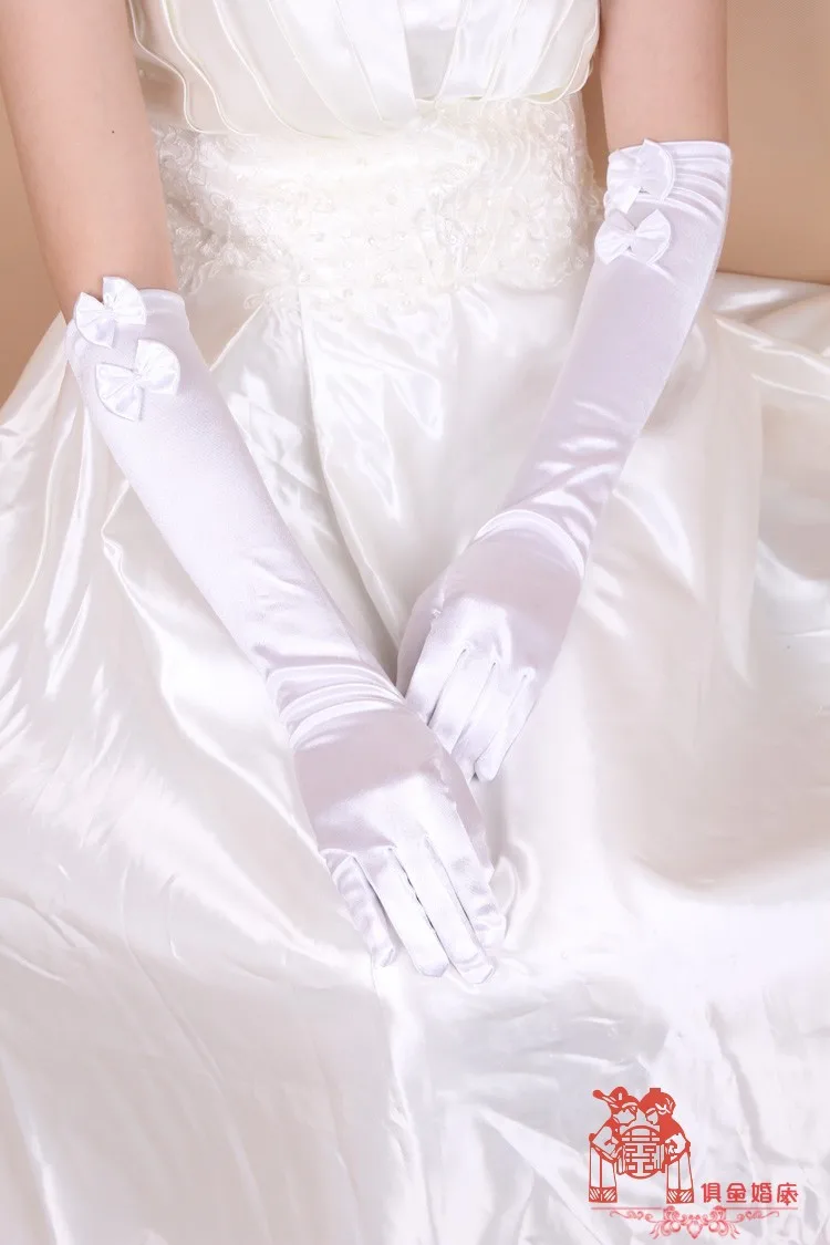 Opera Long White Satin Gloves Brides Wedding Gloves With 2 Bows Elegant