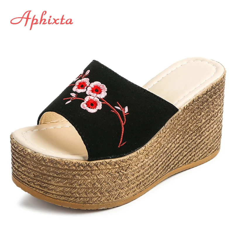 melhor Aphixta 2018 Verão Mulheres Borde Flor Wedge Plataforma Chinelos de Praia Feminino Sandálias Entupir Sapatos Desliza Mulheres Sandalia