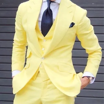 

2020 Suit Men Yellow One Button 3 Pieces (Jacket+Pants+Vest) Notched Collar Suits Men Suits Wedding Dinner Party Tuxedos