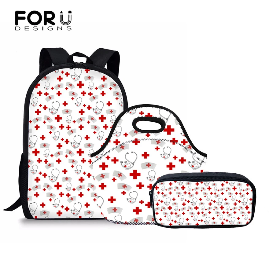 FORUDESIGNS Cute Nurse Pattern Women School Backpack 3 Pcs/set Schoolbag For Teenager Girls Primary and Senior Student Book Bag cute stand collar see through parrots pattern tankini set for women