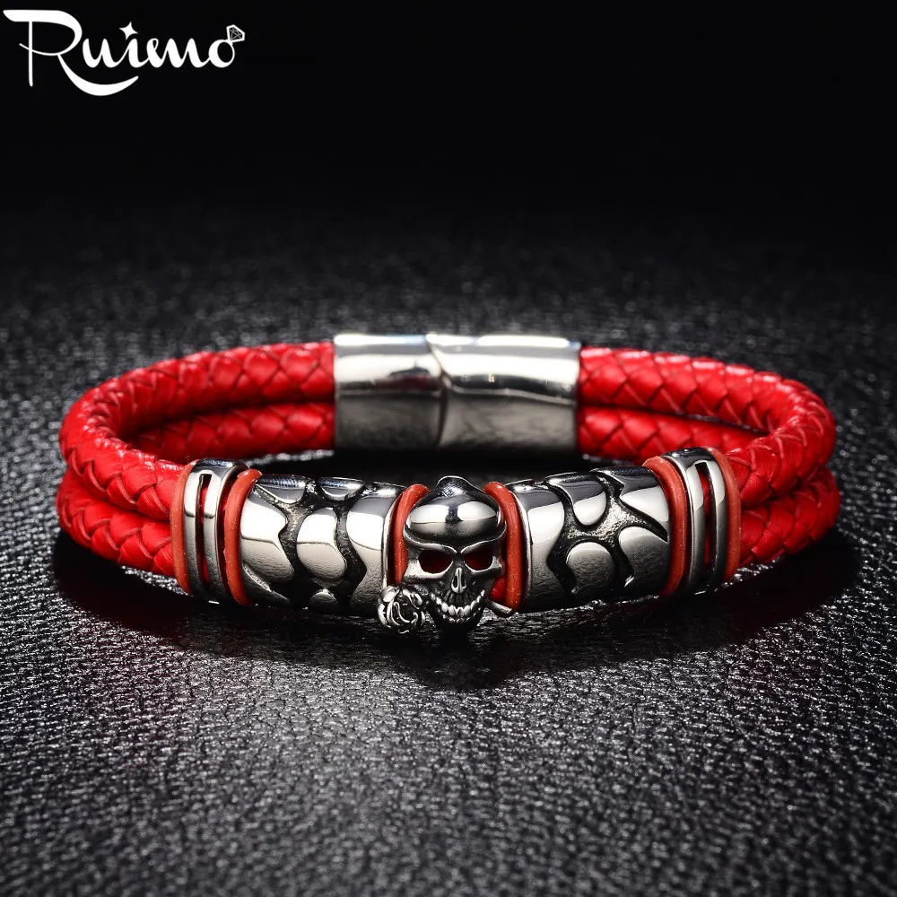

RUIMO 316L Stainless Steel Male Bracelets Skull Head Bracelet Skeleton Double Braided Leather Rope with Magnet Buckle Bangles