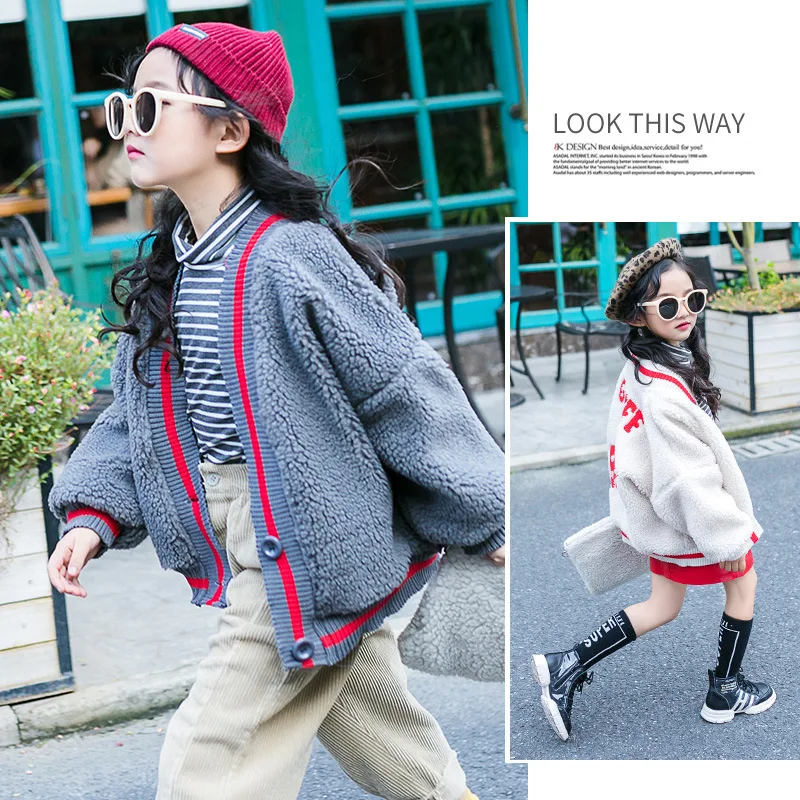 

Girls lamb fur coat 2018 new children's autumn and winter foreign shirts in the big children thick warm cardigan kids coat