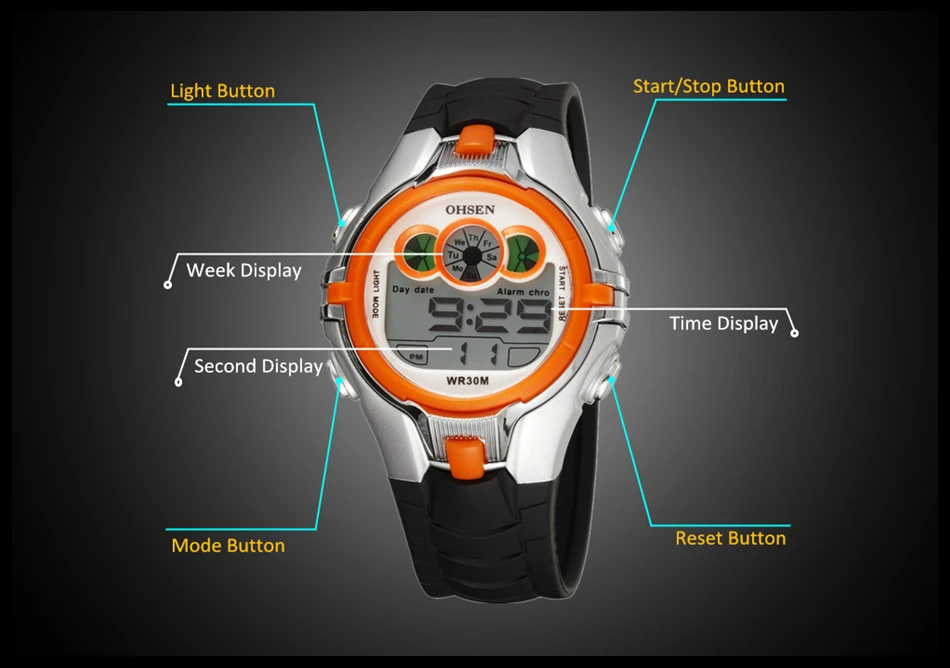 OHSEN Boys Kids Children Quartz Sport Watch Alarm Date Chronograph Watches LED Back Light Waterproof Wristwatch Student Clock (6)