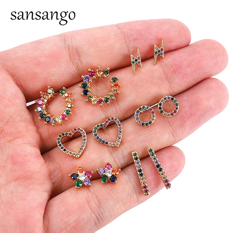 

New Sale Round Love Heart Inlaid Zircon Shine Gold Color Copper Crystal Stud Earrings For Women Female Elegant Earrring Jewelry
