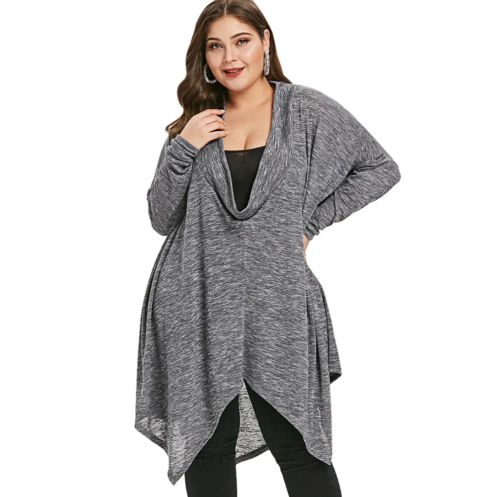 

Rosegal Plus Size Cowl Neck Space Dyed Asymmetrical Top Women T-Shirt Casual Solid Long Sleeves T Shirt Ladies Tops Tees Clothes