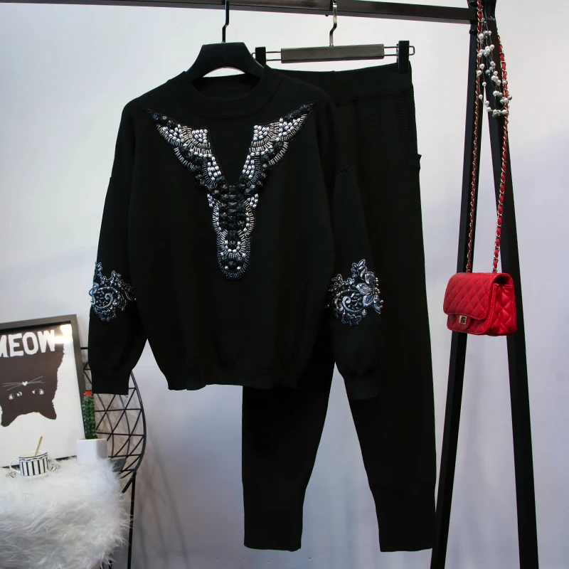 Designer Piste Superbe Femmes Mode Costume Chandail Tricoter High Pantalon À Perles 2019 Nouveau De Set Ensemble Street xUYInwTqg