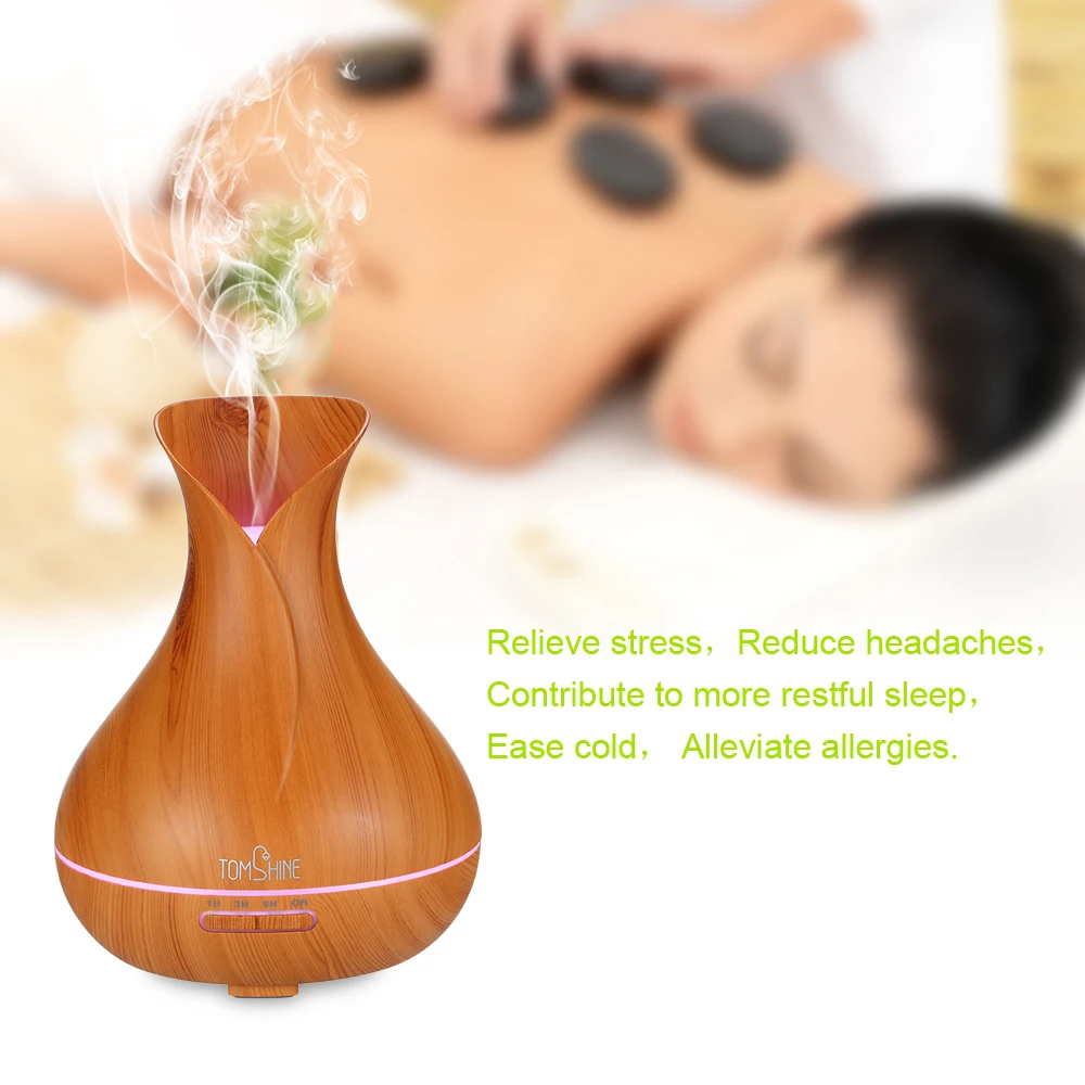 

Tomshine 400ML Water Based Air Purifier Wood Grain Humidifier Aroma Automatic 7 Color Changing Light Healthy for Office Home