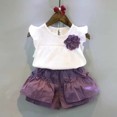 

Children'S Clothing Sets For Girls Summer Kids Baby Flying Sleeve T-Shirt + Shorts Sets Two-Piece Suits Costume With Corsage