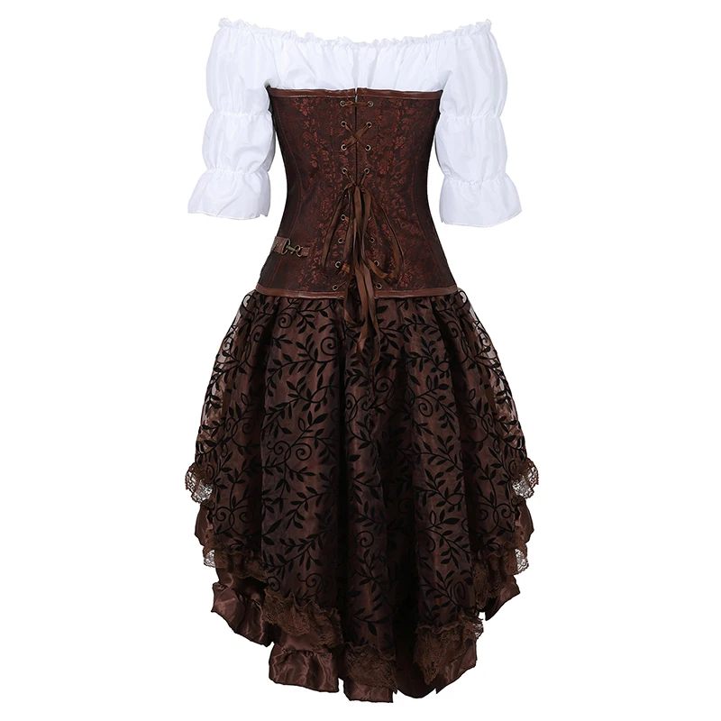 Cena Steampunk gorset gorset plus rozmiar 6XL PU skórzana spódniczka do gorsetu topy 3 sztuka zestaw Gothic burleska pirat 2019 New Arrival 8105 3