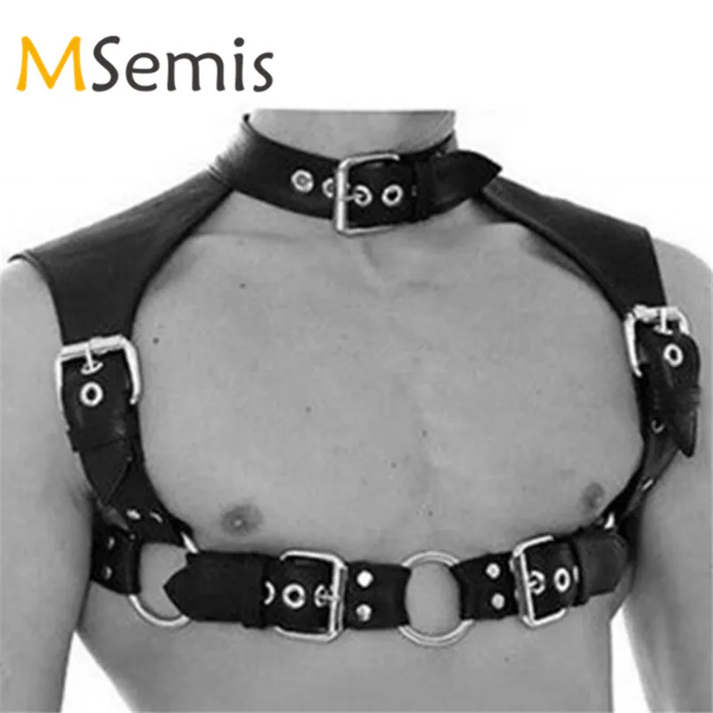 

New Harness Men Black PU Leather Halter Neck Collar Adjustable Body Chest Harness Costume Adjustable Buckle Straps Harness