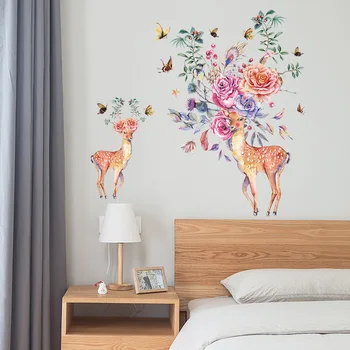 

Colorful Flowers Birds Deer Head Wall Stickers Living Room Bedroom Wall Decals Home Decor Creative Animals Wall Mural Poster Art