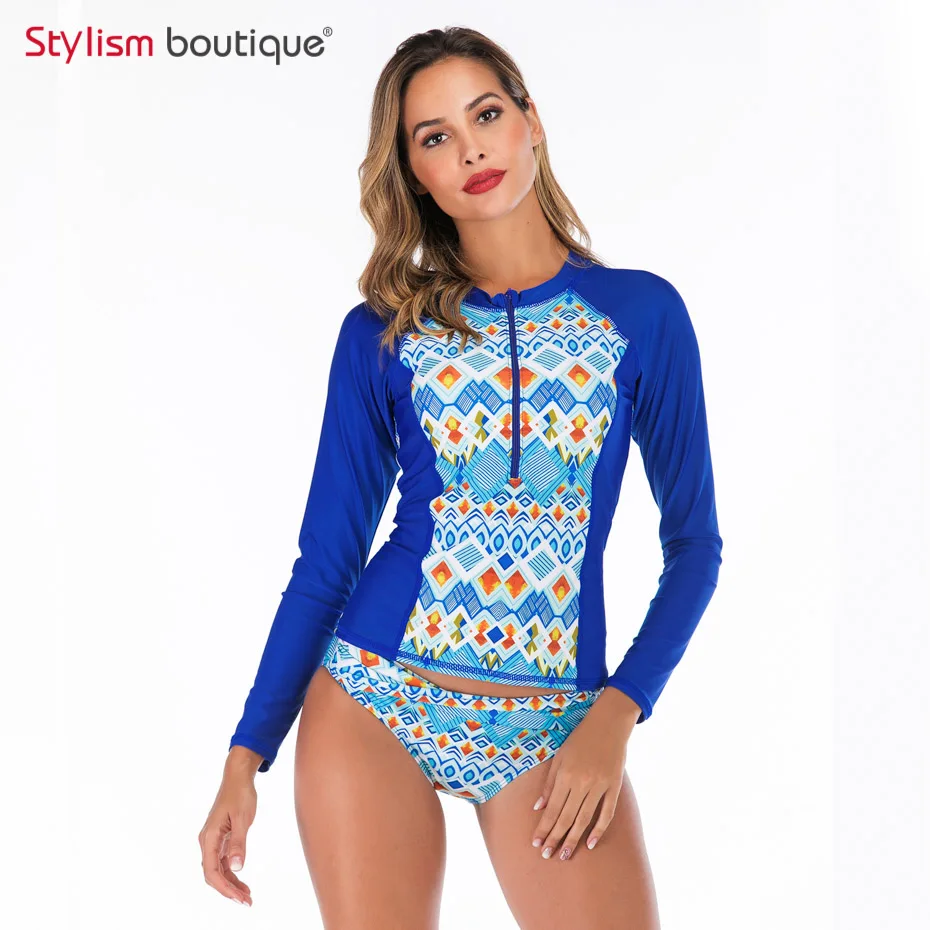 New Rashguard Padded Long Sleeve Swimsuit Surfing Rash Guard Women Two Piece Swimwear Separate Tankini Sport Bathing Suit