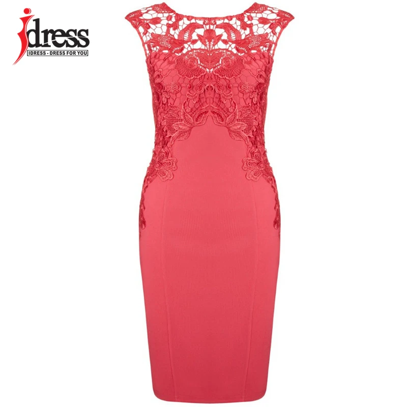 

IDress Clearance Sale Free Shipping Red Lace Embroidery Lace Patchwork Bodycon Bandage Dress Sexy Knee Length Club Party Dress