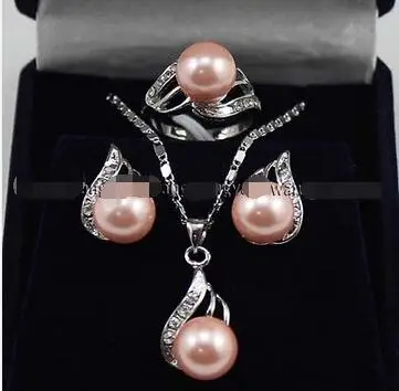 

Free Shipping>>new hot Pink South sea Shell Pearl Earrings Ring & Necklace Pendant Set