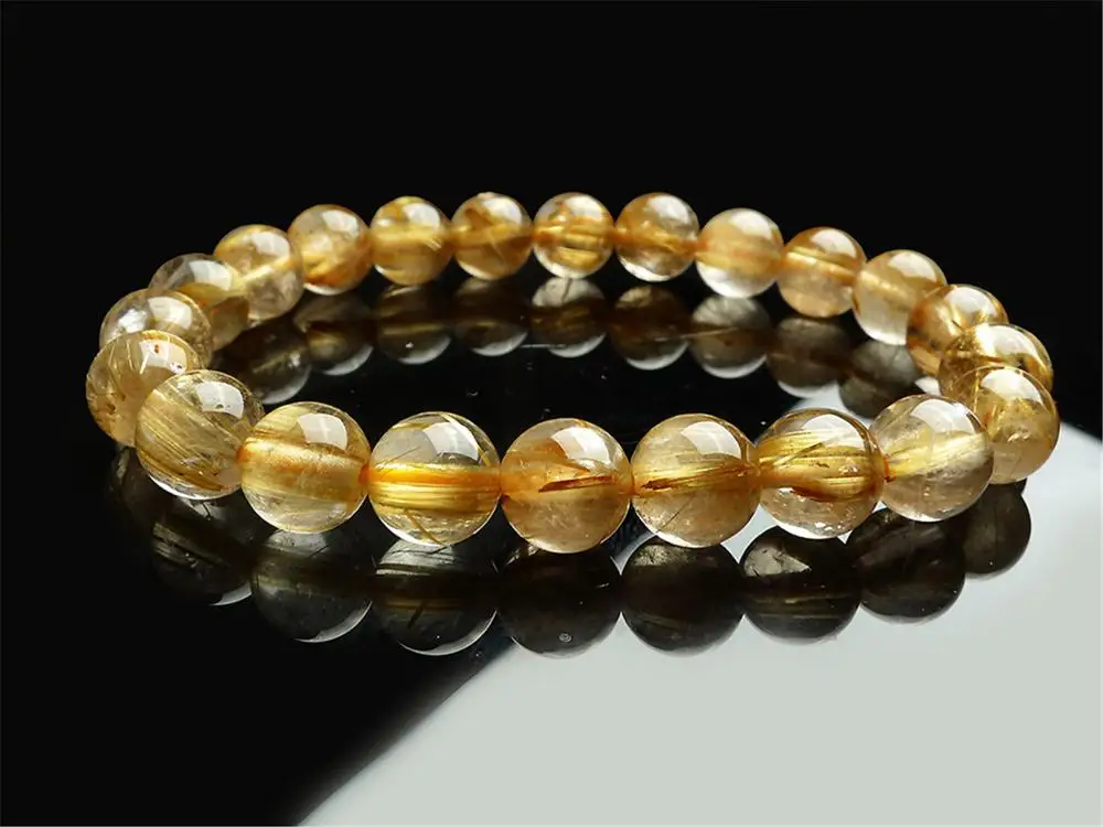 

Natural Brazil Gold Rutilated Titanium Quartz Crystal Woman Man Wealthy Round Beads Bracelet 9mm Jewelry Bangle AAAA