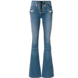 На шнуровке Высокая Талия расклешенные джинсы Для женщин осень 2018 молния Flare Ретро Стиль клеш обтягивающие джинсы