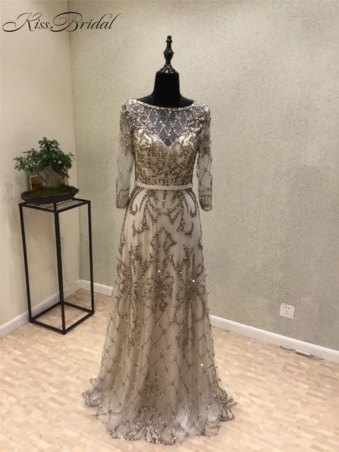 Élégant Longue Robe De Soirée 2018 Scoop Manches Longues Étage Longueur Perles Tulle A,ligne