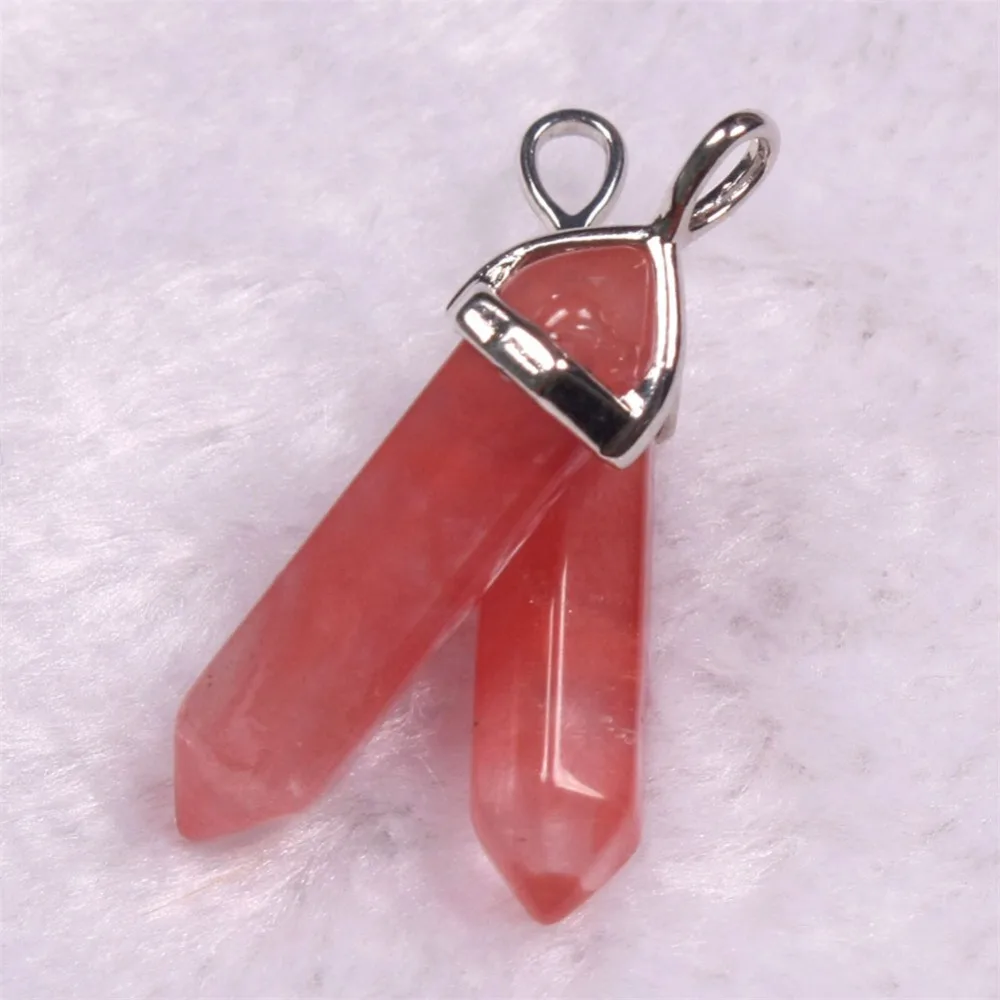 

Hexagonal Column Natural Crystal Stone Charms Pendent Strawberry Quartz Pendulum For Women DIY Jewelry Hot Sale