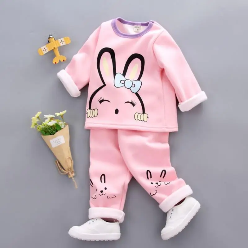 

2019 Male and female children Autumn Winter Velvet Keep warm Clothing Set Cartoon Baby Girls Tracksuits Tops+Pants1-4Y