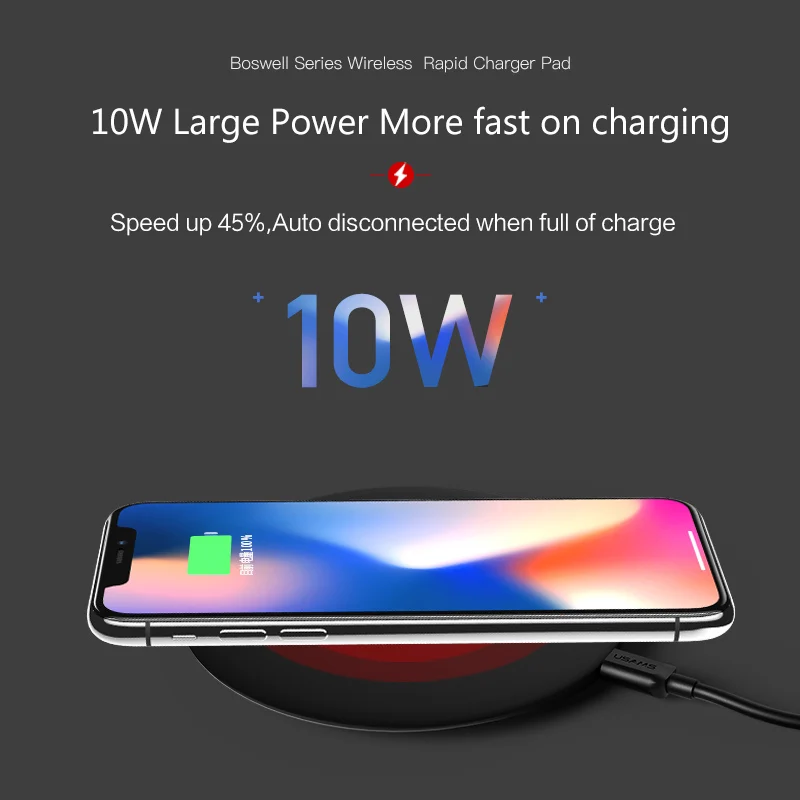 Беспроводное зарядное устройство USAMS Qi для iPhone X XS XR 8 Plus 10 Вт Быстрая зарядка