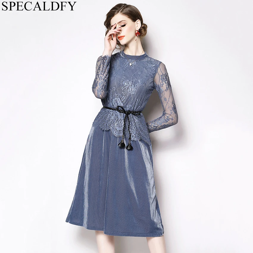 

2019 Spring Dresses Women Long Sleeve Elegant Lace Dress Winter Velvet Dress Ladies Robe Femme High Quality Fashion Vestidos
