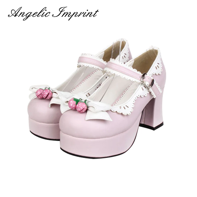 Туфли лодочки демисезонные на толстой платформе с клубничным бантом|mary jane pumps|mary