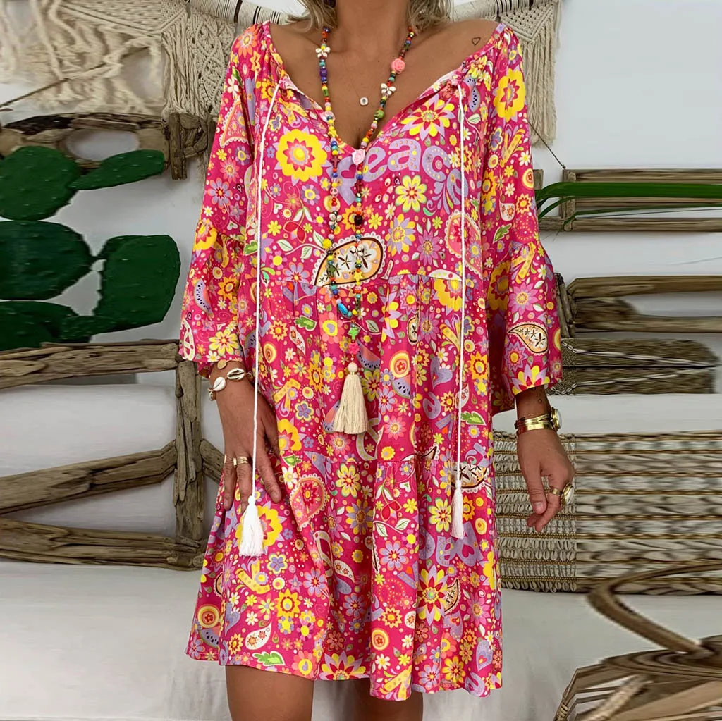 

Plus size print women short dress Holiday v-neck female summer dress Tassels lace up casual ladies dress 2019 Vestidos De Verano