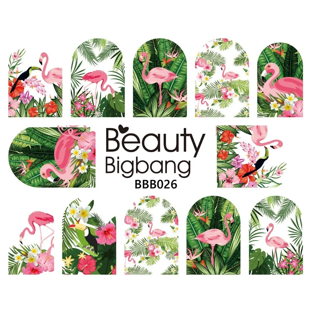 BeautyBigBang, 2 листа, водные наклейки для ногтей, дизайн, тропический фламинго, лист ананаса, украшение для ногтей, наклейки, водные кончики - Цвет: 26