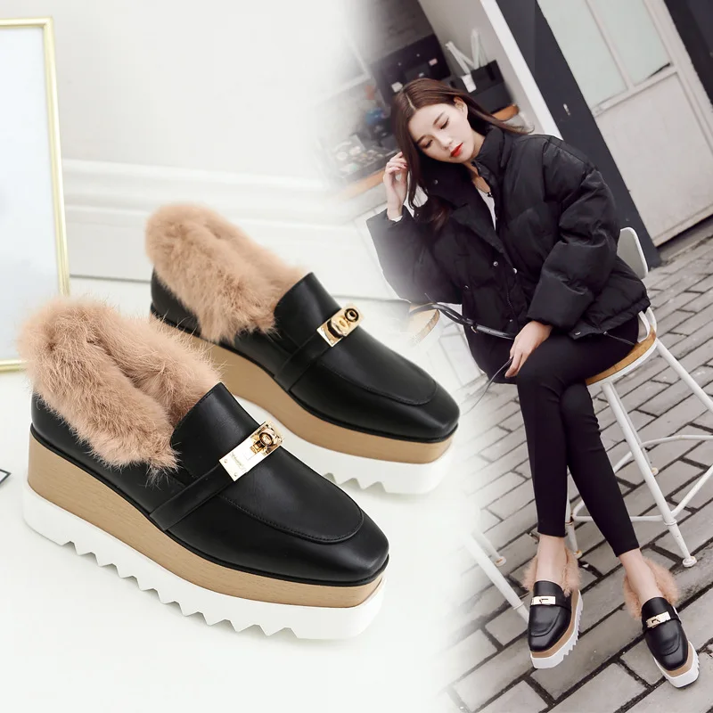 

LTARTA Rabbit Hair Cake Shoes Winter Deep Mouth High Heels Slope Shoe Increase insole length Warm Winter loafer HZB-763-18