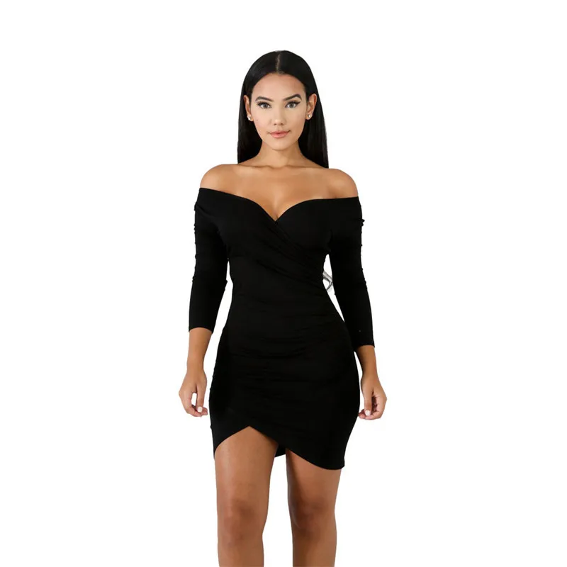 

2019 Autumn Dress Women Sexy V-Neck Off Shoulder Long Sleeve Bodycon Dress Female Black White Wine Red Slim Mini Dress Vestidos