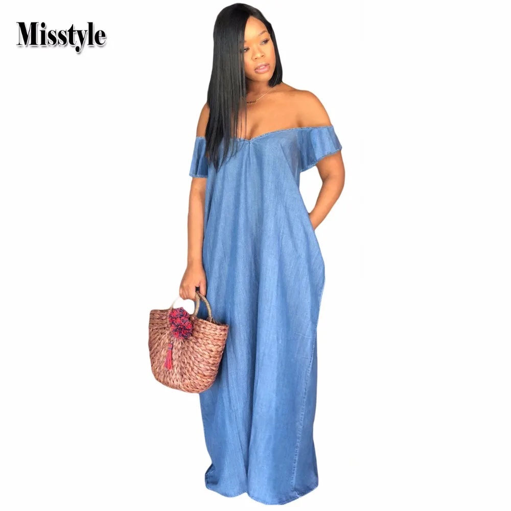 

Misstyle Denim Loose Maxi Dress Casual Women Solid V-Neck Slash Neck Long Dress Summer Off the Shoulder Denim Dress
