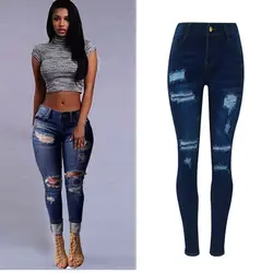 Супер-предложение рваные джинсы Для женщин середине талии тощий карандаш Синий джинсовые штаны сращены молнии тянущиеся джинсы-варёнки