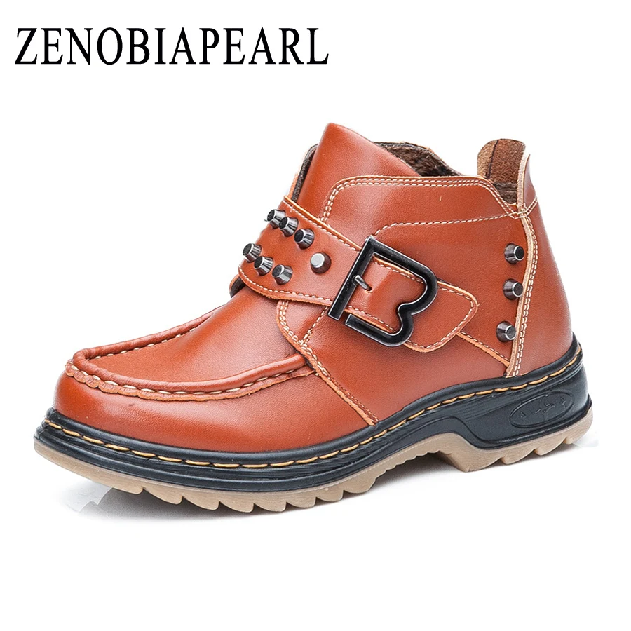 

ZENOBIAPEARL Boys Martin Boots Kids Genuine Leather Snow Boots Waterproof Breathable Fashion Rivet School Cool Sport Shoes