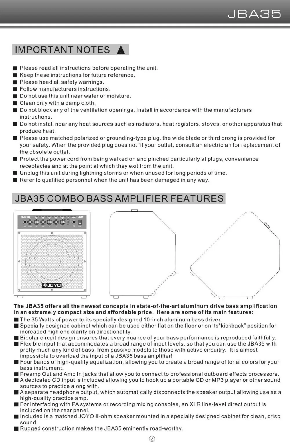 JOYO JBA-35 усилитель басов 35 Вт Выходная мощность(RMS) Профессиональный комбинированный Электрический усилитель басов усилитель звука