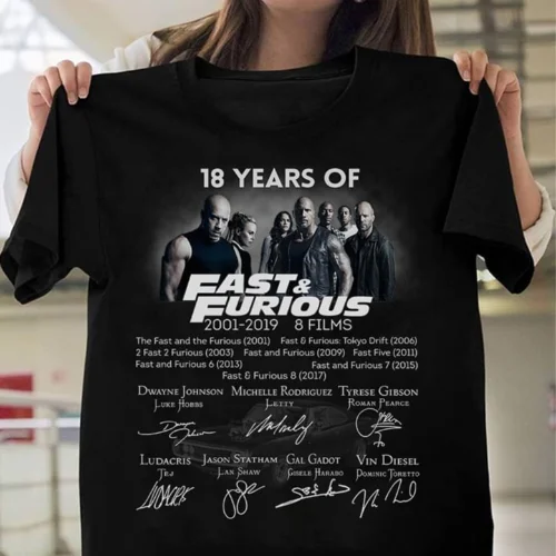

18 Years Of Fast & Furious Characters Signatures T Shirt Black Cotton Men S-6XL Low Price Round Neck Men Tees