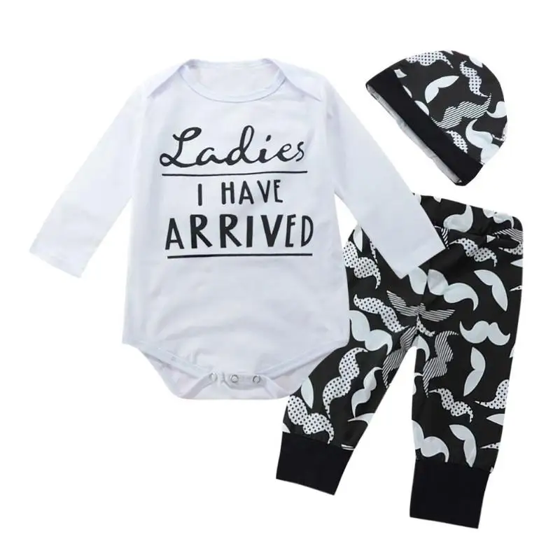 

Baby Boys Girls Autumn Clothes Set 3pcs Cute Letters Rompers Pants Hat Suit