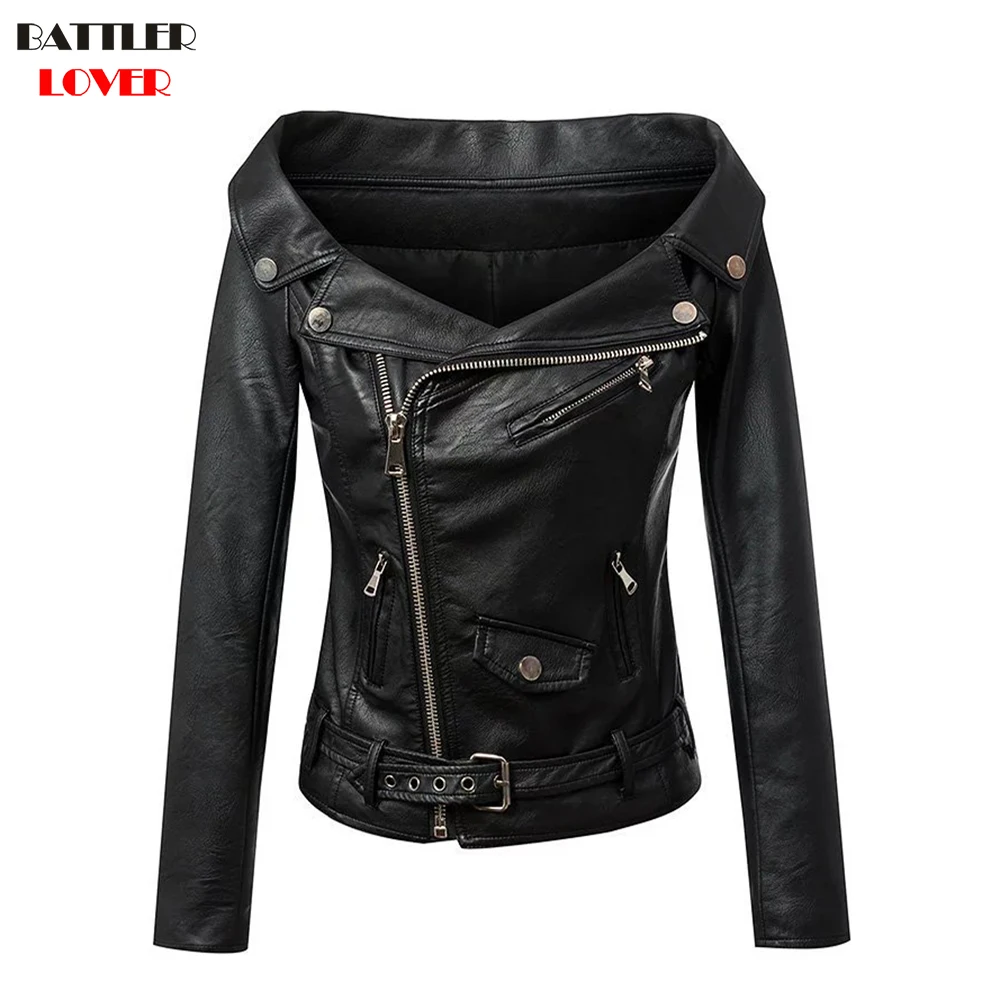 BATTLERLOVER Women Long Sleeve Boat Neck Leather Jacket Zipper Rivet Luxury Designer Slim Flight Jacket Coat Winter Outwear 2017