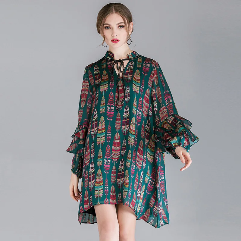 

LANMREM 2019 New Fashion Bandage Pathcwork Ruffles Long Sleeve Print Dresses For Women Female Loose Comfortable Clothing YG279