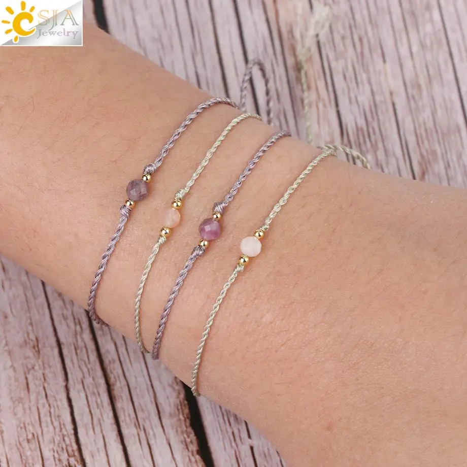 

CSJA Ultra Simple Design Girls Bracelet Natural Small Size Faceted Agates Gems Stone Braided Rope Chain Friendship Jewelry S336