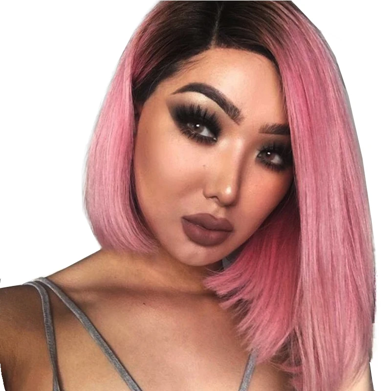 1B/Pink Ombre Wig 150 Density Cosplay Short Lace Front Human Hair Wigs