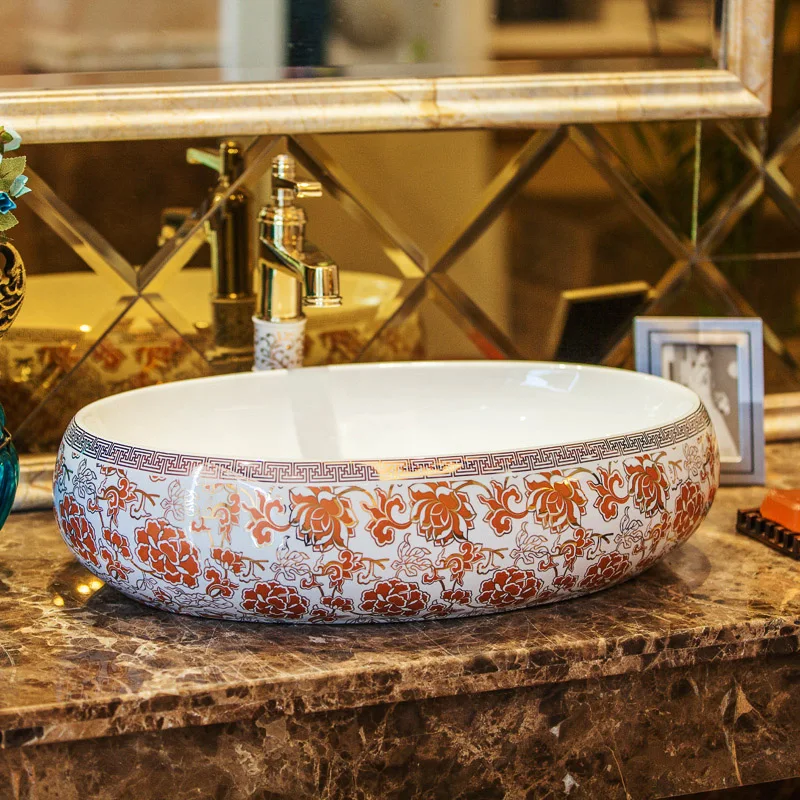 Oval Europe Vintage Style Ceramic Art Basin Sinks Counter Top Wash