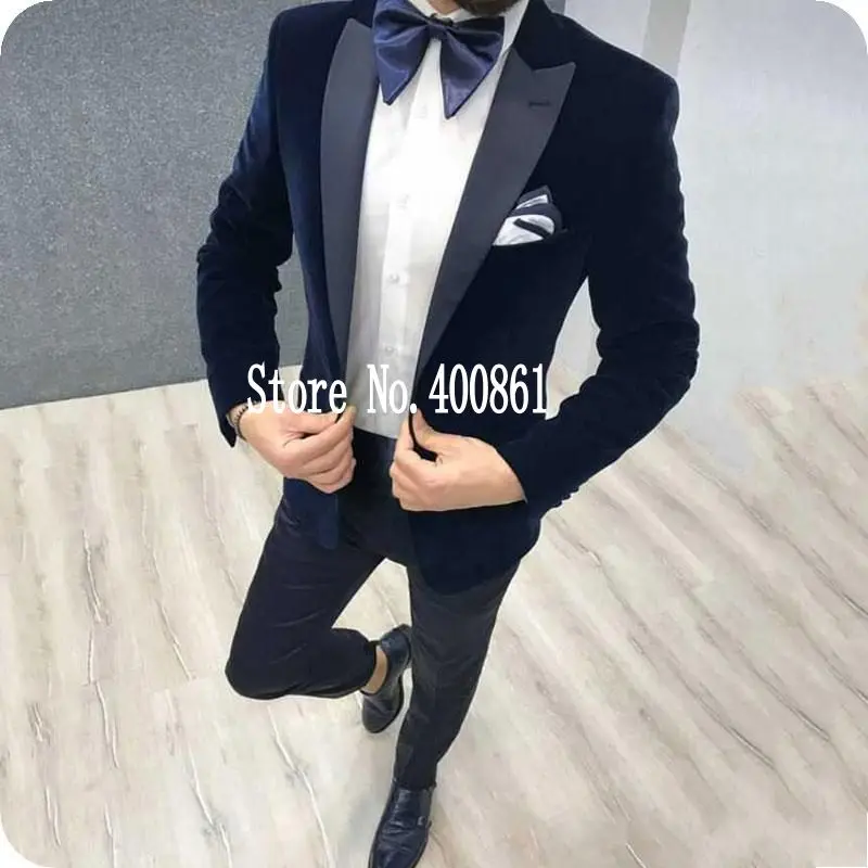 

Лидер продаж, мужские бархатные смокинги жениха на одной пуговице темно-синего цвета, Пиковые Мужские костюмы с отворотами, блейзеры (пиджак + брюки + галстук) W: 890